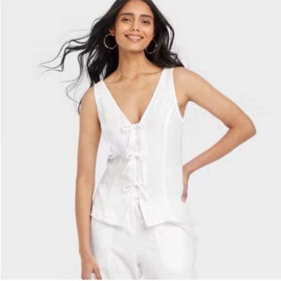 a new day Tops - a new day White Linen Tie-Front V-Neck Tank Top size M Summer Spring